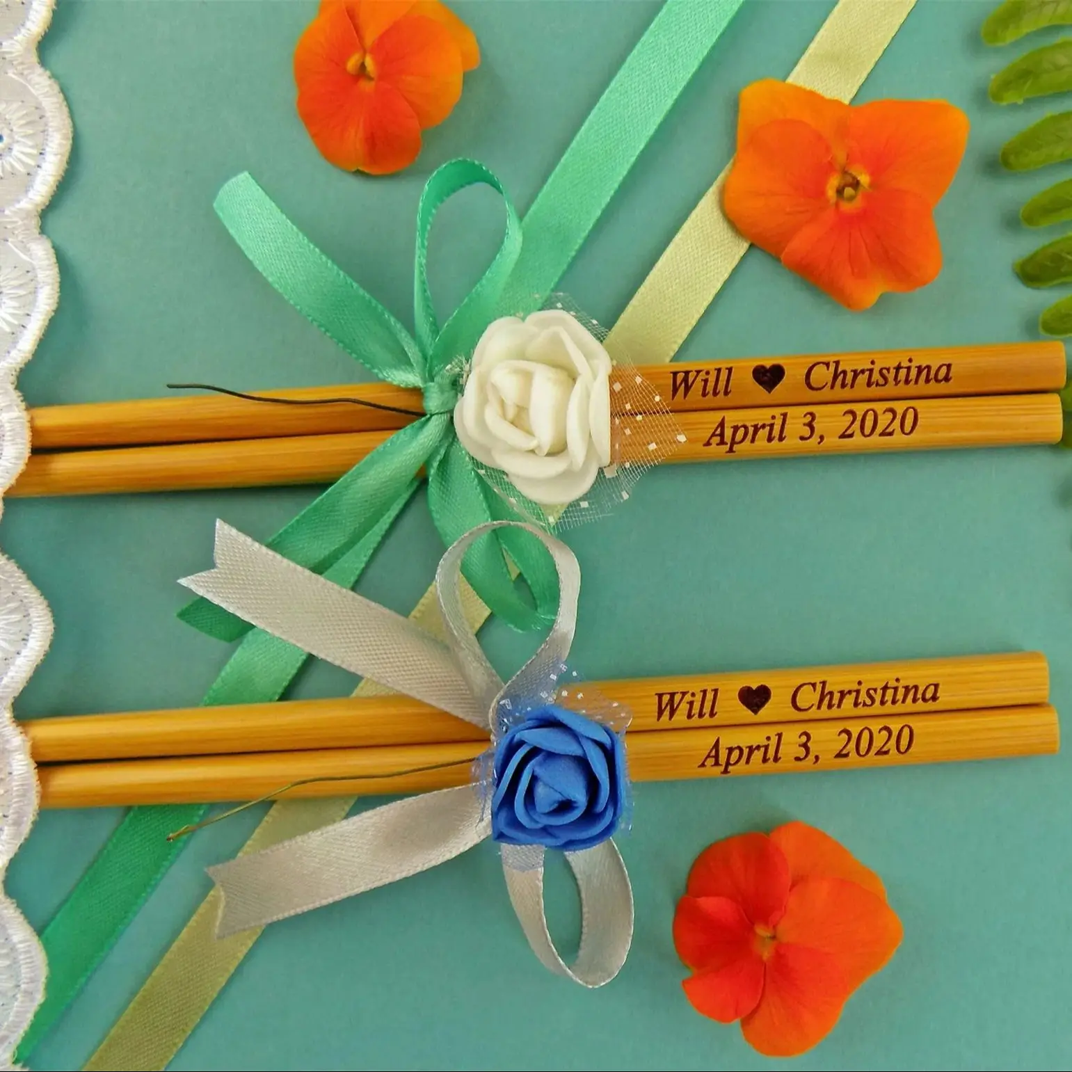 

100pr Exclusive Chopsticks with Lace+Flowers, Wedding Favor Chopsticks, Chopsticks, Personalized Wedding Gift, Shower Gift, Favo