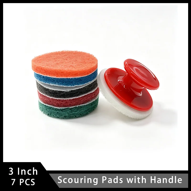 7 Pcs Scouring Pads with Handle 3 Inch Hook and Loop Nylon Tile Cleaning Pads Round Heavy Duty Scrubber for Cleaning Car Body
