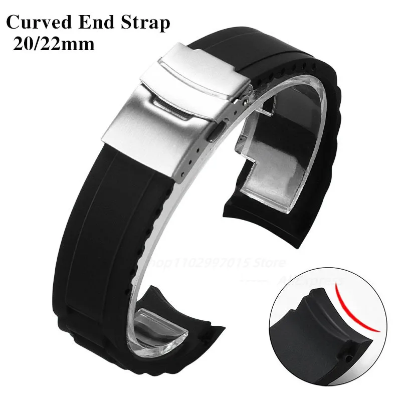 حزام سيليكون منحني لسايكو ، شريط رولكس ، سوار ناعم مقاوم للماء ، إبزيم قابل للطي ، سوار نهاية قوس عالمي ، 20 ، 22 ks