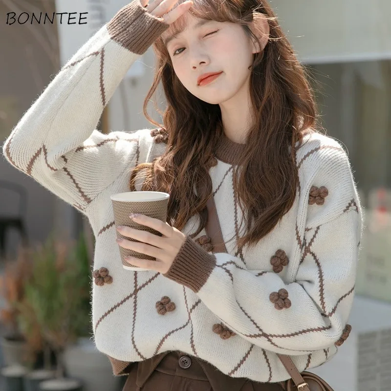 

Pullovers Women Knitted Loose Fit Ins 3D Flower Design Casual Retro Japanese Style Lazy All-match Young Argyle Trendy Mujer