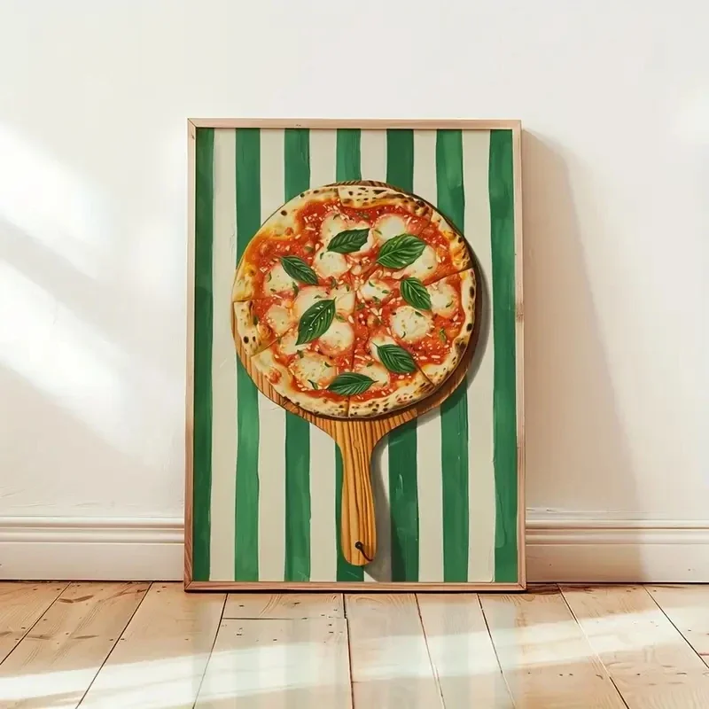 Multiple sizes 1pc frameless Canvas Painting,1pcs Modern Italian Cuisine: Green Striped Pizza Slices, Food Print Canvas Painting