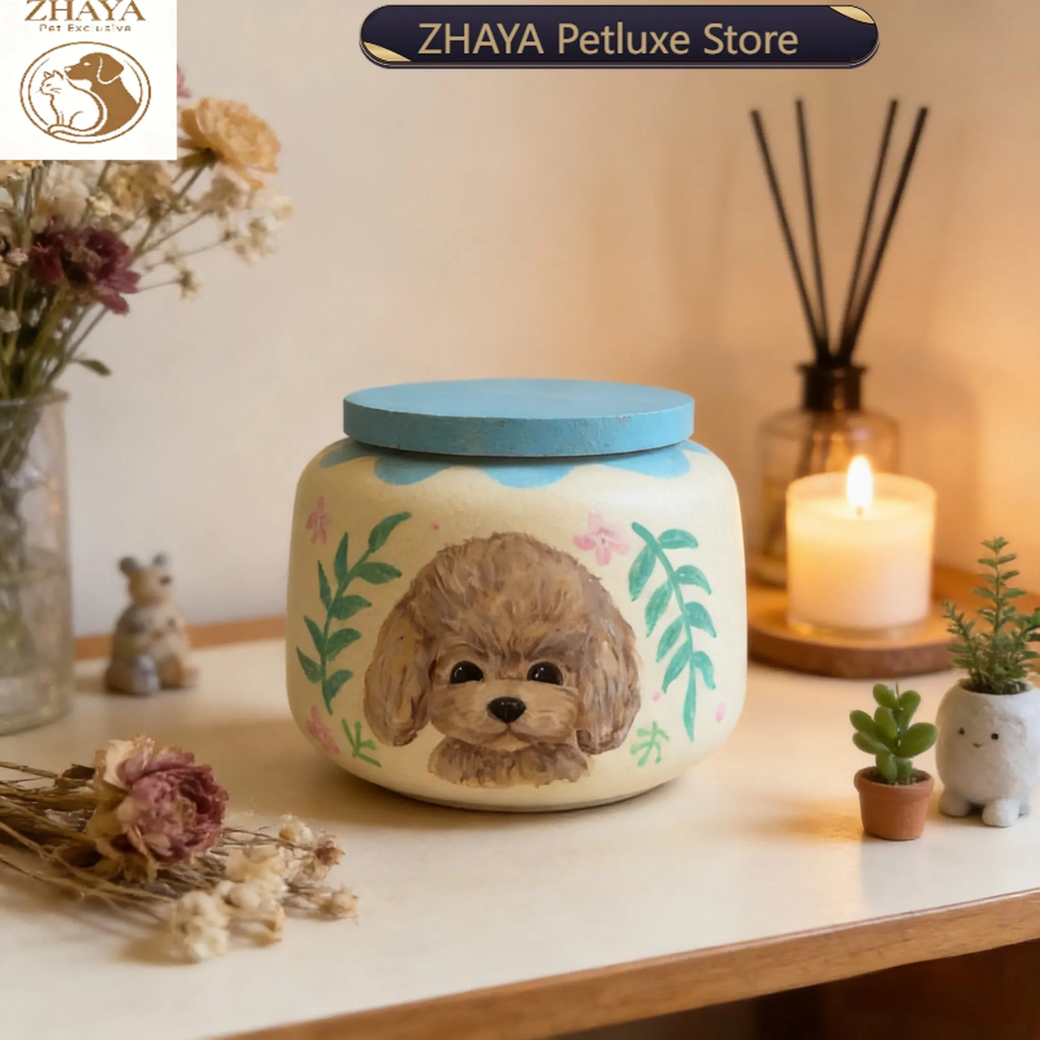 

ZHAYA Hand Painted Ceramic Pet Urn Custom Engraved Memorial Ashes Container for Cat Dog Hamster Rabbit Keepsake Box
