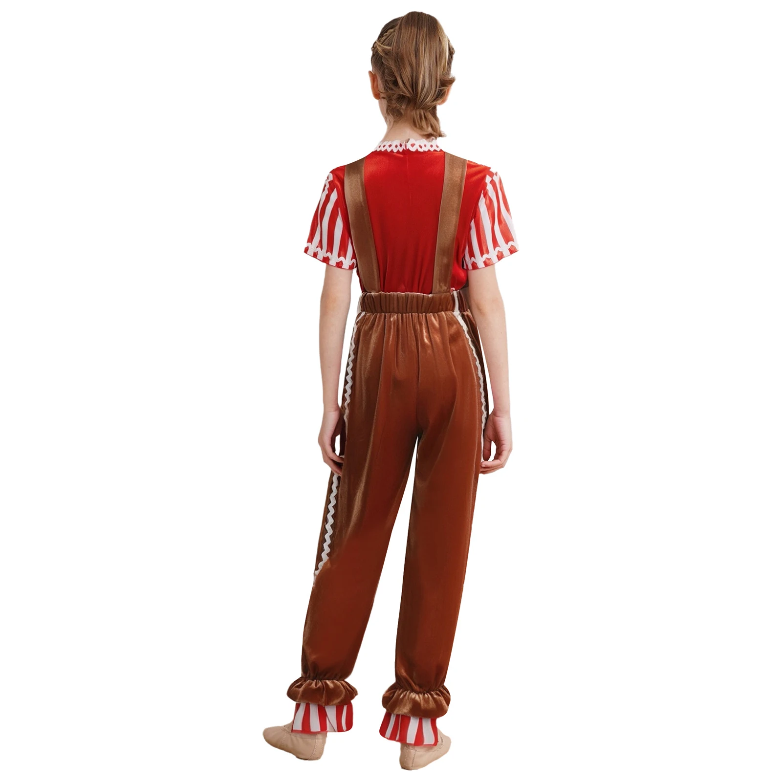 Kids Christmas Gingerbread Man Costume Party Xmas Cookies Elves Role Play Outfit Stripes Pompoms T-shirt with Suspender Pants
