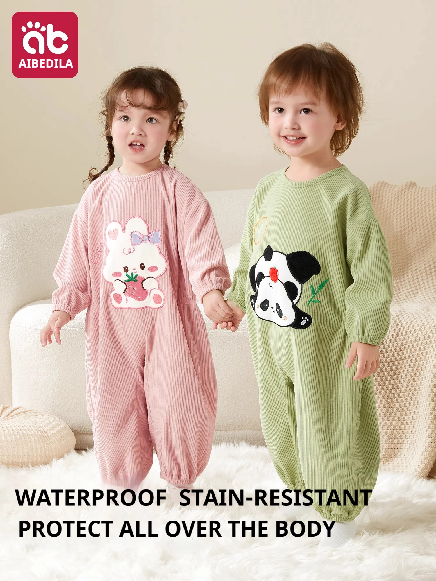 

AIBEDILA Children's Meal-Time Bib Cartoon Animal Waterproof Baby Cover Soft Waterproof Long Sleeve Feeding Bib Kid's Onesie