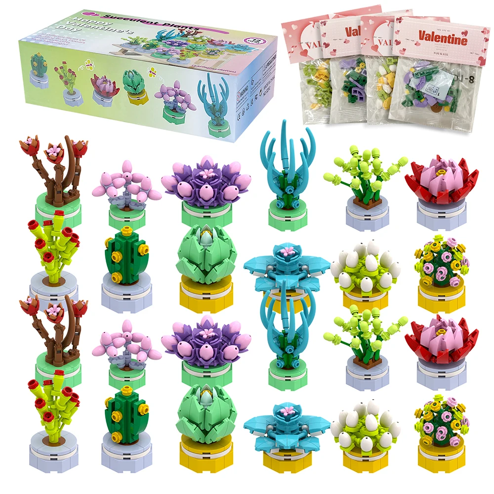 Fiore succulente in vaso modello building block fai da te bouquet eterno casa scrivania pianta decorazione mattoni ragazza regalo giocattolo per bambini 24 borse/scatola