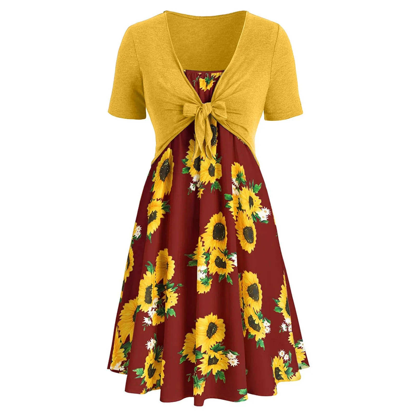

Beach Dresses For Women 2024 New Two Piece Outfits Fashion Bowknot Bandage Top Plus Size Cute Sunflower Print Summer Dresses