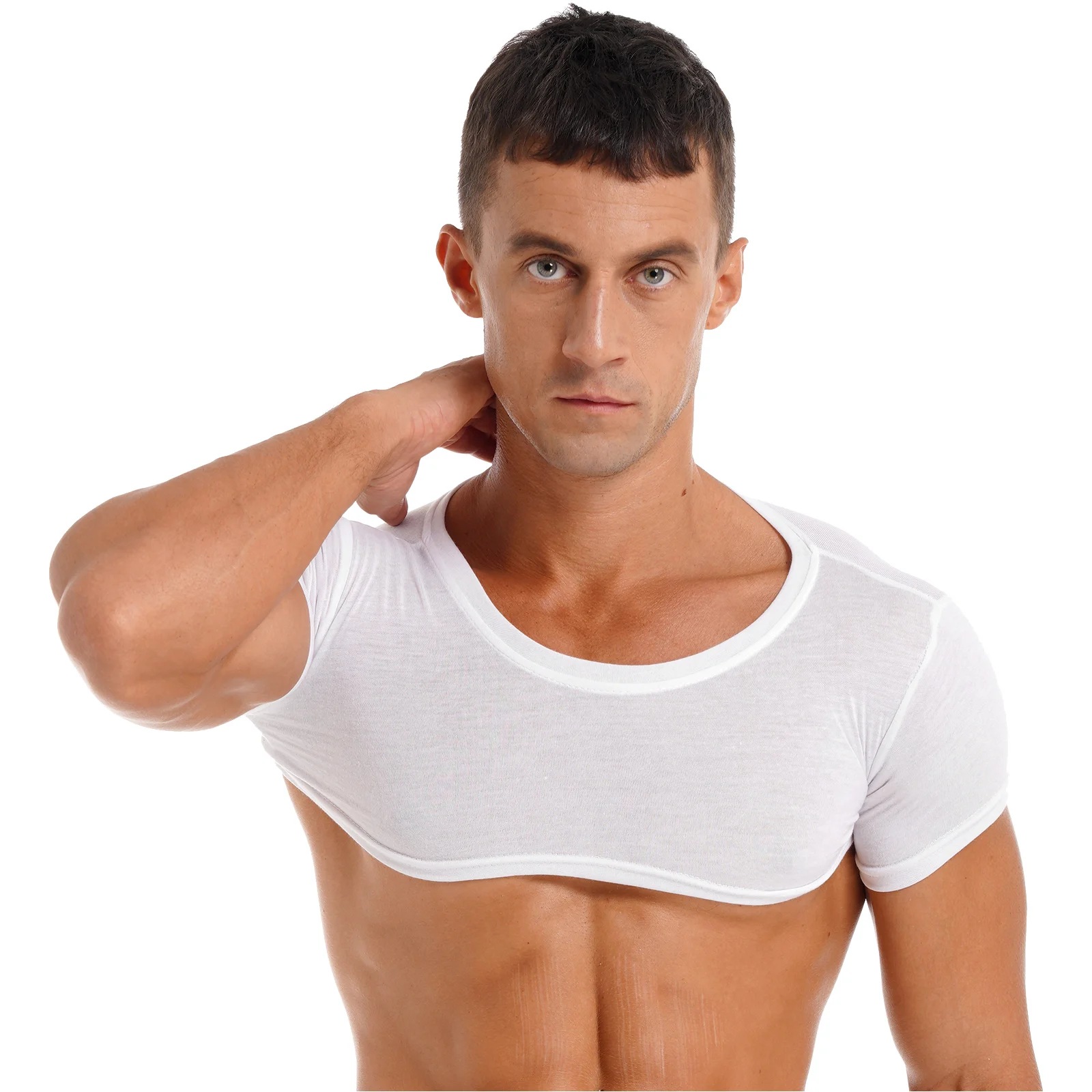 Mens Round Neck T-Shirt Casual Solid Color Gym Tops Male Clothing Short Sleeve Crop Top Rave Party Outfit Clubwear