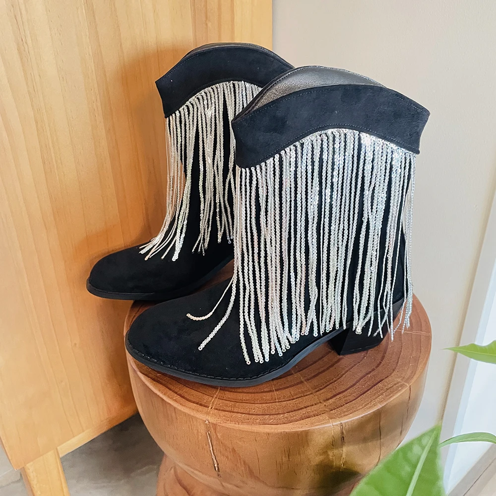 

Новый размер 45, женские ковбойские сапоги в стиле ретро в этническом стиле в стиле вестерн, сапоги до колена на среднем каблуке с кисточками и бахромой, женская зимняя обувь, бесплатная доставка