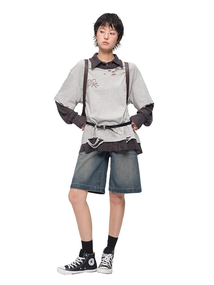 

Футболка унисекс с эффектом двухслойности, свободного кроя, для похудения, из хлопка, полиэстера и спандекса, с коротким рукавом и круглым вырезом