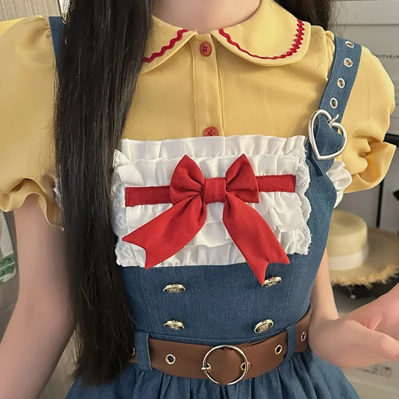 Japanese Original Design Sweet Summer Denim Strap Skirt Bow with Yellow Lotus Leaf Collar Short Sleeve Shirt Slim Top Suit Girls