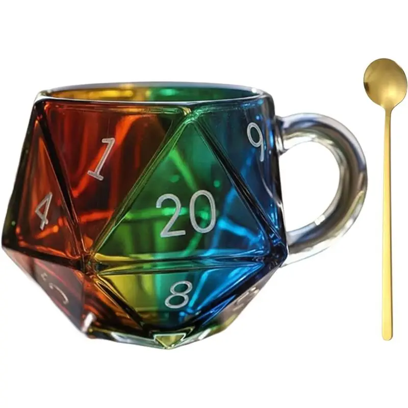 ABZC-Game Night Mugs Gift, Rainbow D20 Dice Mug, Polyhedral Dice Coffee Cup With Handle For RPG Lovers
