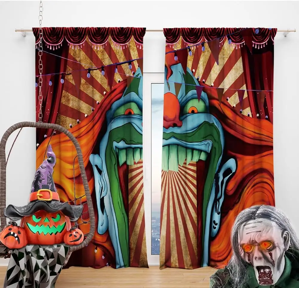 Circus Haunted House Window Curtain Red White Stripe Halloween Birthday Party Window Decor Evil Circus Horror Room Bedroom