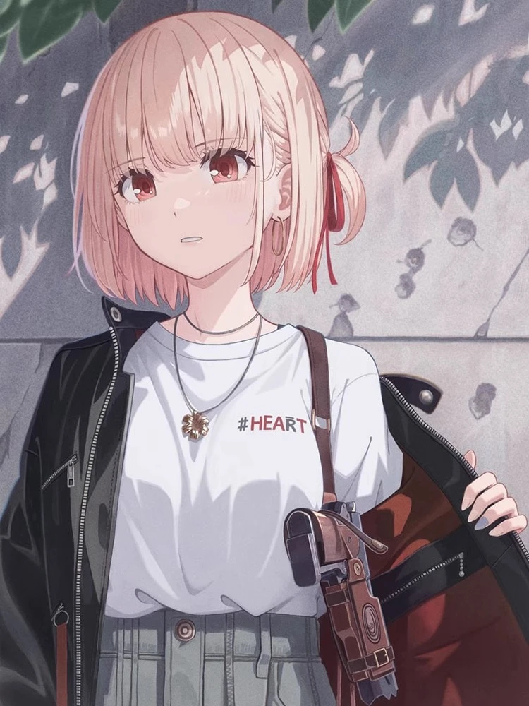 HEART Print Lycoris Recoil Nishikigi Chisato Cosplay Short Sleeve T-shirt Men's and Women's Pure Cotton Summer Top