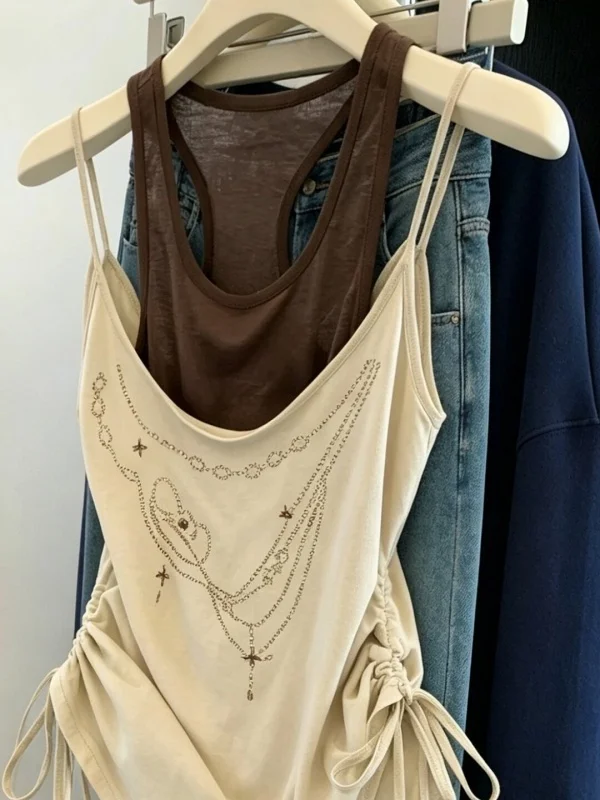 Sexy Trendy Drill Embellished Drawstring Pleated Slim Fit Tank Top Vest Layering Design Casual Summer Women's Fashion