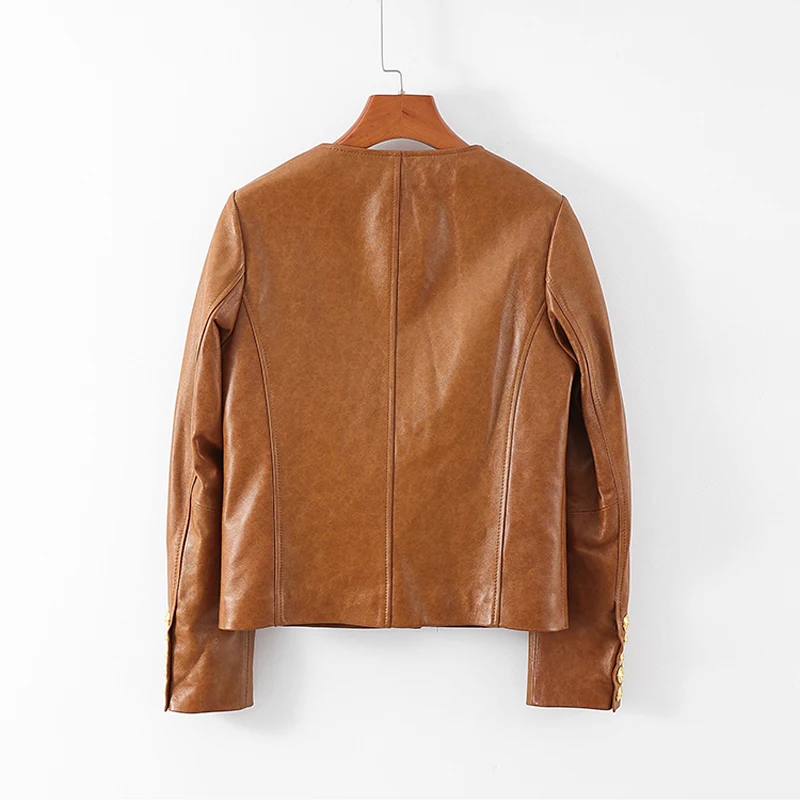 M-3XL Retro Oily Wax Yellow Women Real Leather Jacket Casual Single-breasted Pocket Female O-neck First Layer Sheep Short Jacket