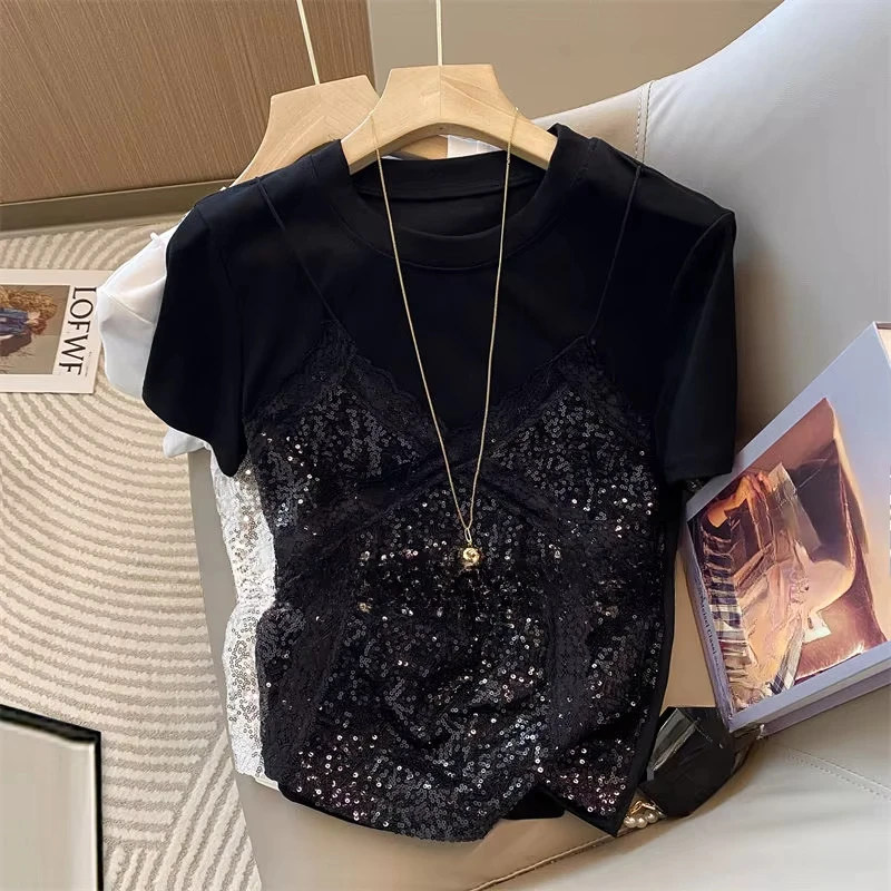 Women's Korean Fashion Sweet Lace Patchwork T-Shirt Set Short Sleeve 2-Piece Spring Summer Top And Bottom Ensemble Ropa De Mujer
