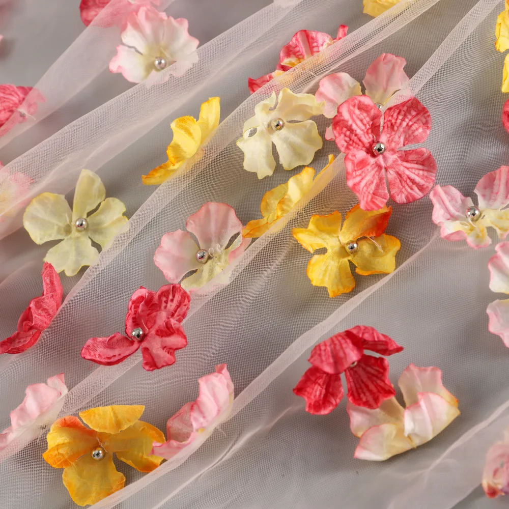 

2-meter colorful floral mesh lace fabric, embroidered fabric with sewn flowers for wedding dresses children's clothing fabric