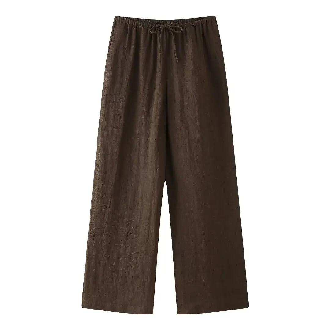 2024 Summer New Spring Linen Suits for Women Fashion Linen Brown Cardigan Kimono Top + Lace Up Wild Casual Women's Wide Leg Pant