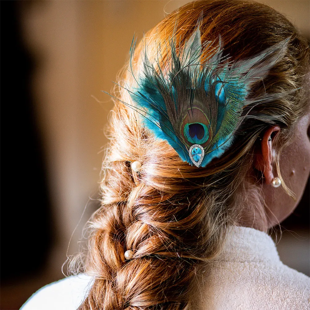 2Pcs Peacock Hair Clips Women Vintage Style Rhinestone Faux Plumage Hair Barrette for Wedding Party Carnival Dance Performance