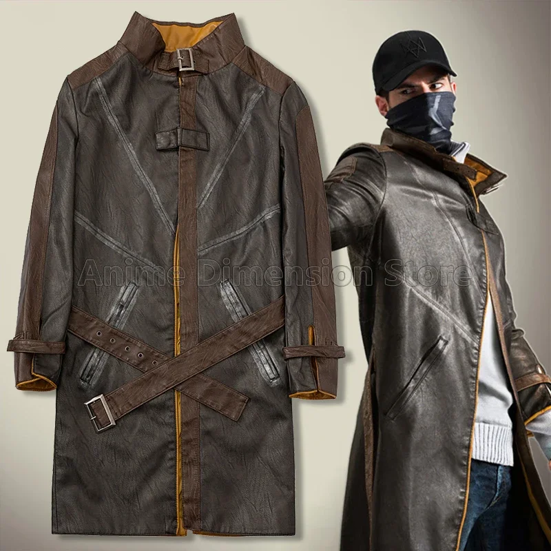 

Aiden Pearce faux leather trench windbreak game Watch Dogs cosplay costumes rode play coat sweatshirt hat for man