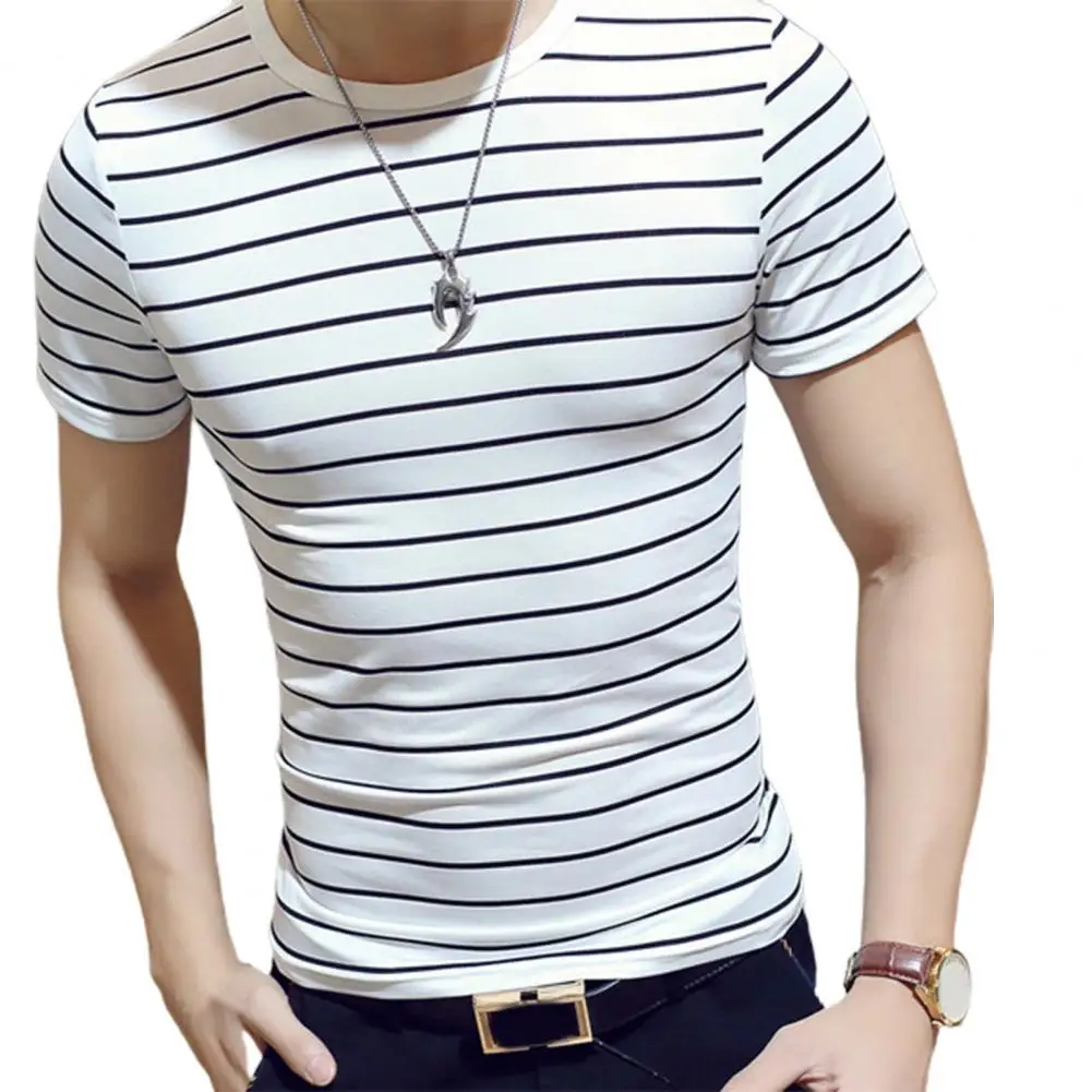 남성용 반팔 스트라이프 프린트 티셔츠, 격식 있는 여름 베이스 탑, 남성 의류, 대비 색상