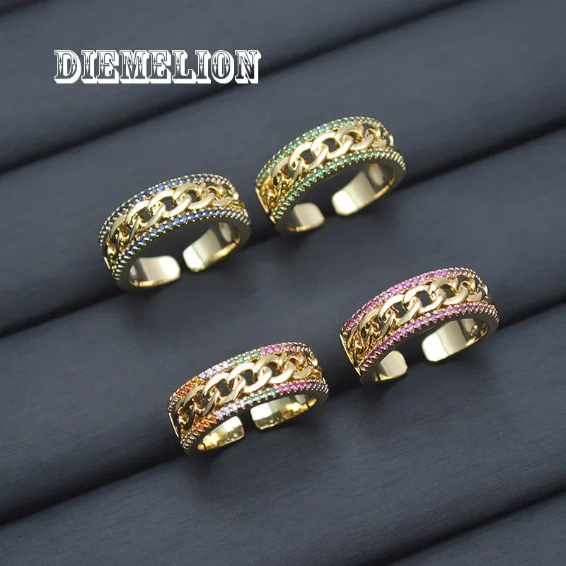 Anillos de cadena gruesa de 7mm para mujer, incrustaciones de circonita cúbica colorida, anillo de cadena de giro ajustable abierto, joyería de hip hop/Rock de moda