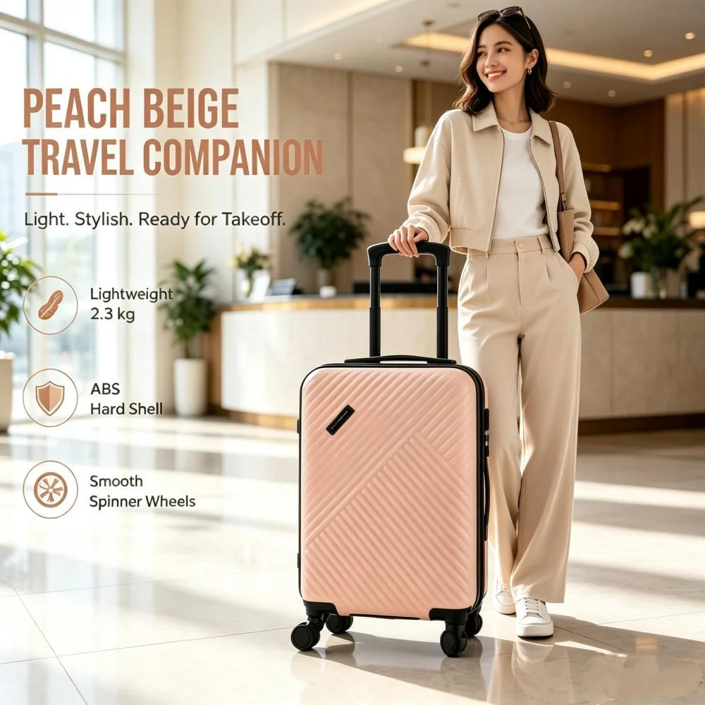 Valise rigide légère de couleur beige pêche, valise compacte à roulettes de 40 × 30 × 20 cm avec texture gaufrée diagonale, poignée télescopique et roulettes pivotantes fluides, idéale pour les escapades courtes