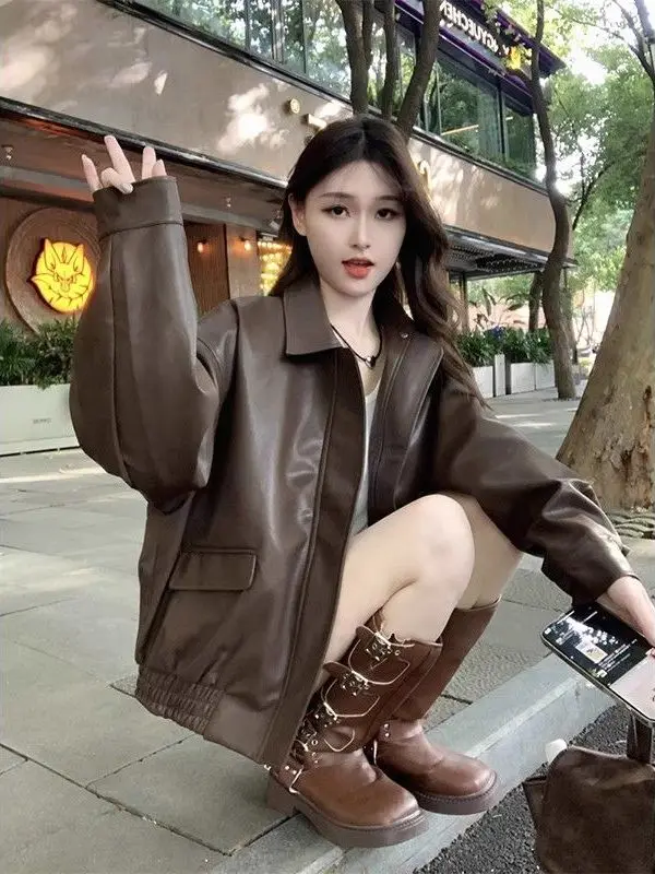 ملابس شتوية فضفاضة طويلة للسيدات من الجلد البني Jaet ملابس خارجية رائعة للفتيات معطف كوري