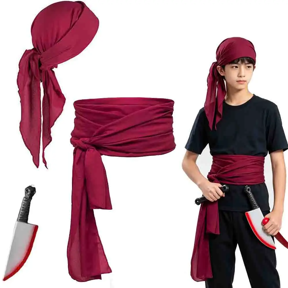 Ensemble d'accessoires de costume de pirate : foulard de tête bordeaux + ceinture + couteau jouet, idéal pour Halloween, cosplay médiéval et renaisse, pour adolescents et adultes.
