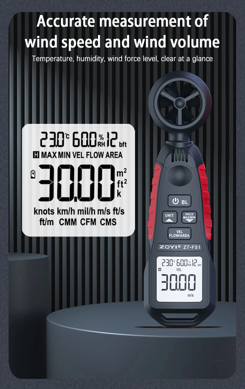 ZOYI 풍속계 풍속 ​ ​ 온도 및 습도 측정 휴대용 풍속계 FS1