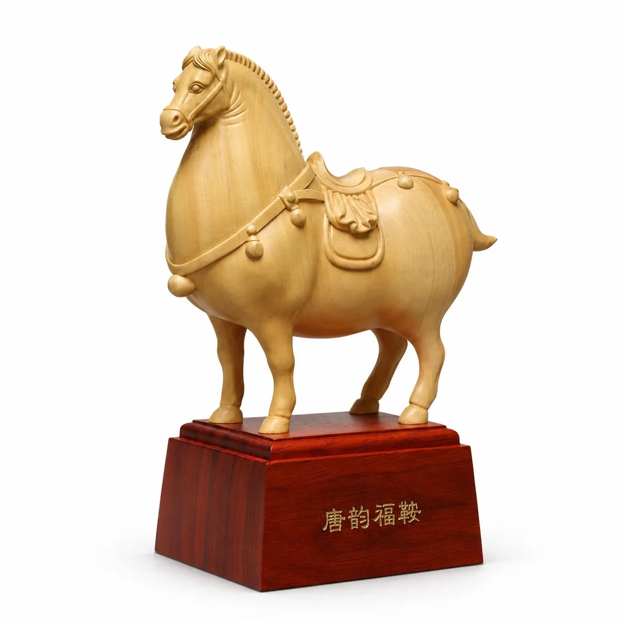 Hand Carved Boxwood Tang Dynasty Horse Statue with Traditional Saddle for Chinese Feng Shui Home Office Desk Decor Gift
