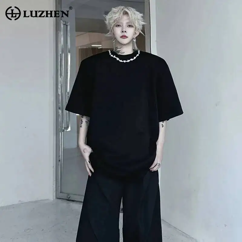 LUZHEN Metal Chain Sleeve 2026 New Short Summer Decorate T-shirts Men's Stylish Solid Color Shoulder Pad Loose Male Tops JY7333