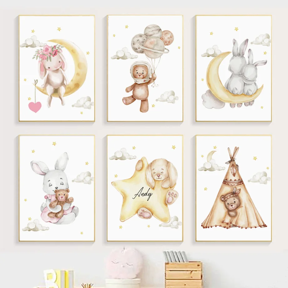 Watercolor Bunny Bear Canvas Poster Moon Planet Star Cloud Tent Print Personalized Nursery Wall Art Kids Bedroom Baby Room Decor