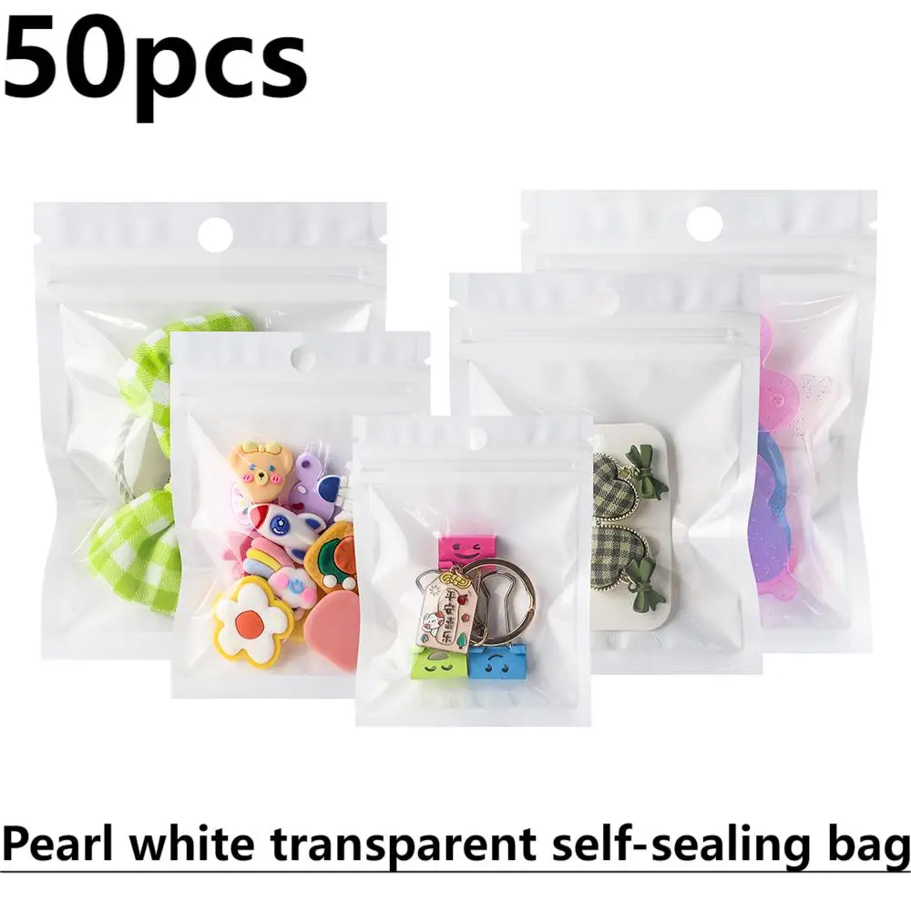 50 Stück rundes Loch zum Aufhängen, perlweiß, hohe Transparenz, OPP-Kunststoff, selbstdichtende Tasche, Schmuck, Handyhülle, Reißverschluss, Plastiktüte