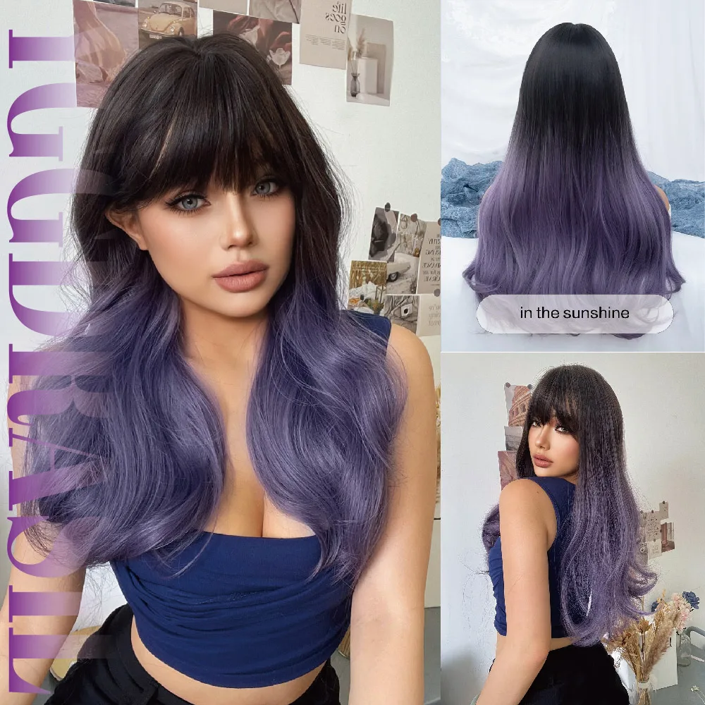 22Inch Purple-Black Ombre Magical Style Synthetic Wigs with Bangs Medium Wavy Hair Wig For Women Daily Use Heat Resistant