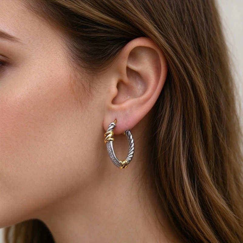 Two Tone Twisted Cable Earrings for Women,Half Hoop Silver Cable Gold Knot Pave CubicZirconia, Gold and Silver Tone Alloy Earrings,Braided Texture Elegant Design, Secure Backing,Chic Jewelry Gift for Her, Daily Wear Party DateNight, Hypoallergenic