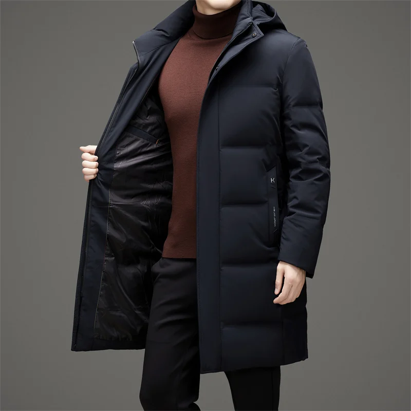 Casual Men's Mid-Length Hooded White Duck Down Jackets Winter Outwear Windproof Warm Puffer Coats Thick Tops Down-Filled Parkas