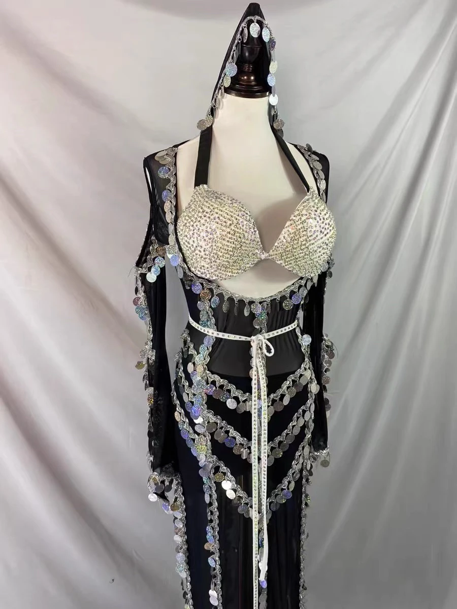 New BellyDance Performance Set Women Customized Sequin Robe+Full Diamond Bra+Headscarf+Belt 4pcs Belly Dance Competition Costume