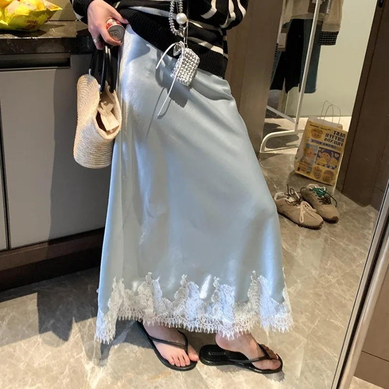 

French Elegant Satin Mermaid Skirt Women Spring Summer Lace Patchwork Pack Hip Long A-line Skirts Office Ladies Faldas