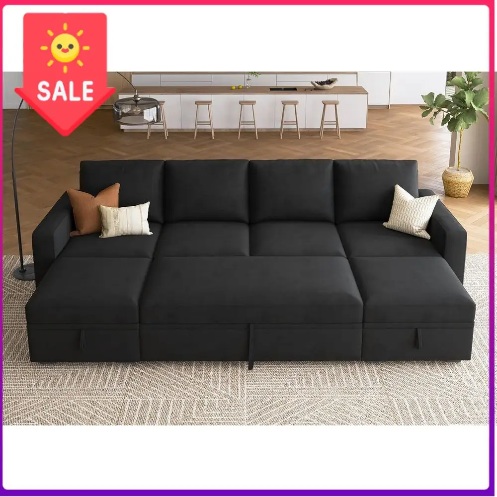 

Бестселлер: Велюровый диван-кровать секционного типа с оттоманкой для хранения, черный, мебель для гостиной