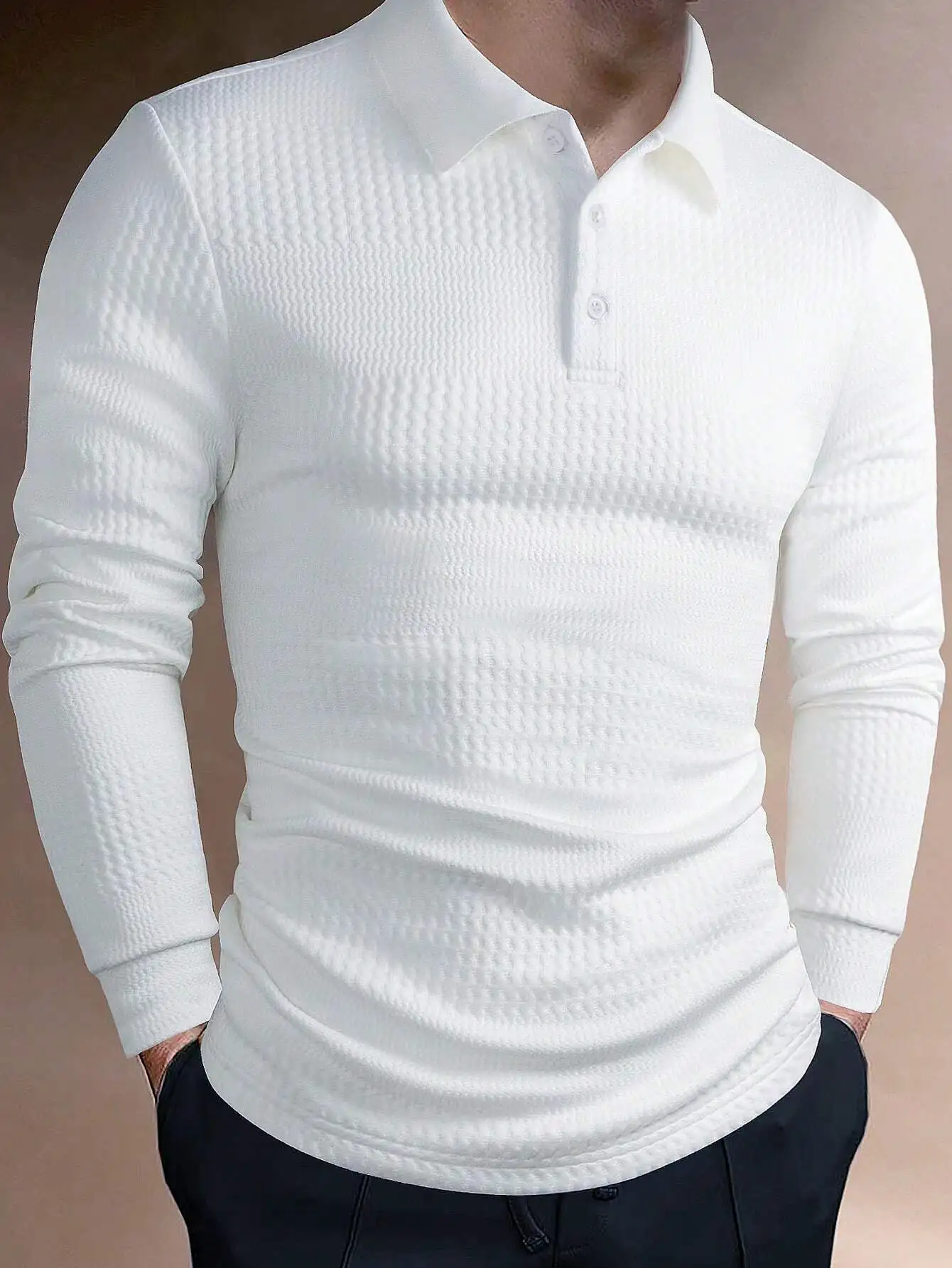 

Men's Textured Long Sleeve Polo Shirt, Solid Color, Casual Business Wear