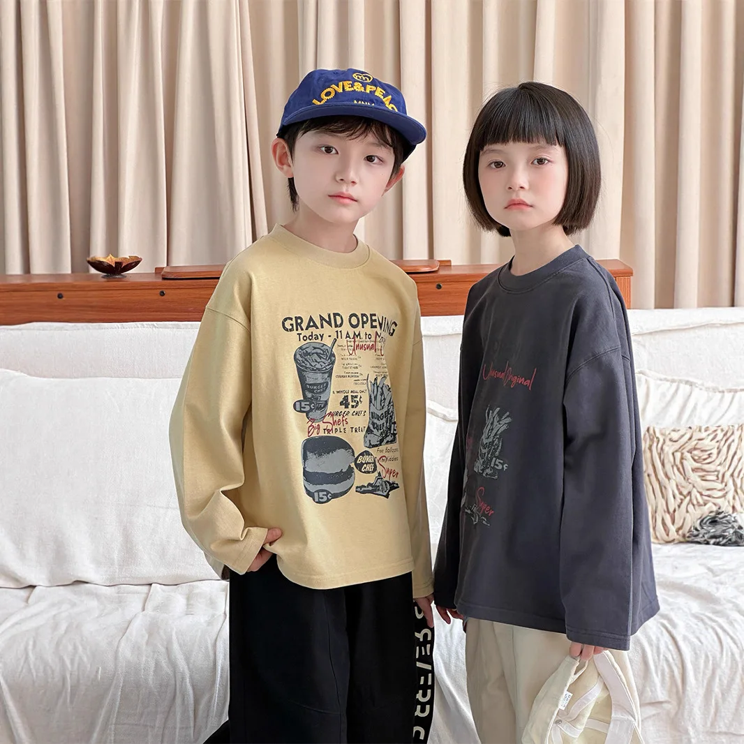 

Top 2025 Spring and Autumn New Childrens Clothing Korean Boys and Girls Fashion Burger Printed Long-sleeved Round Neck T-shirt