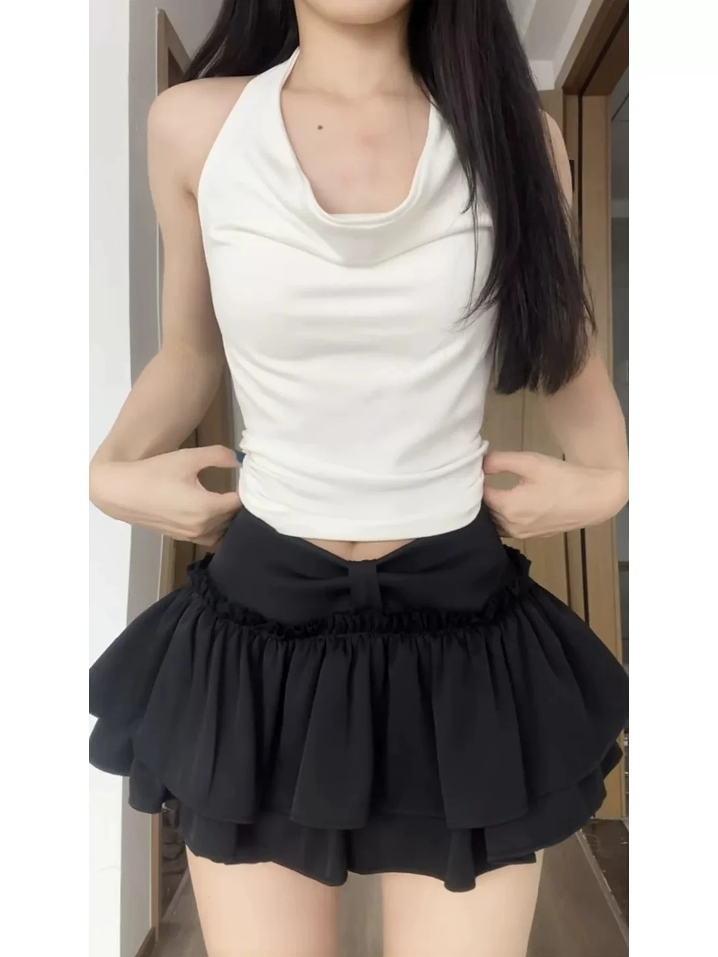 Black  A-Line Cake Skirt Women's Summer Ballet Style Fluffy Half-length Anti-exposure Ultra-short Skirt Pants High Waist