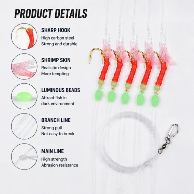 2 Packs Sabiki Fishing Rigs with 6 Hooks Each, Shrimp Skin Bait Rigs, Ready-to-Fish Saltwater Fishing Hooks for Mackerel