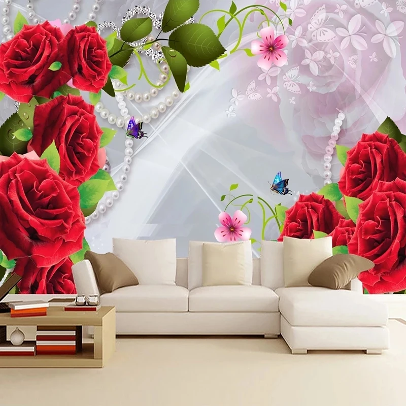 Custom Photo 3D Red Rose Flowers Bedroom Mural self-adhesive Wallpaper Living room background restaurant study Hotel butterfly