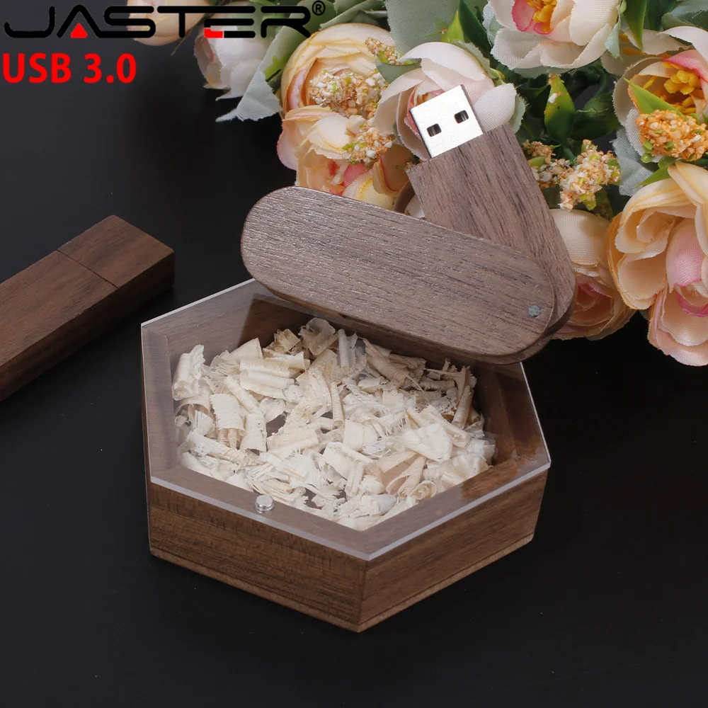 JASTER New USB Flash Drive 3.0 Acrylic Board Hexagonal Box  Pendrive 4GB 8GB 16GB 32GB  64GB 128GB Pen drive（No customized logo）