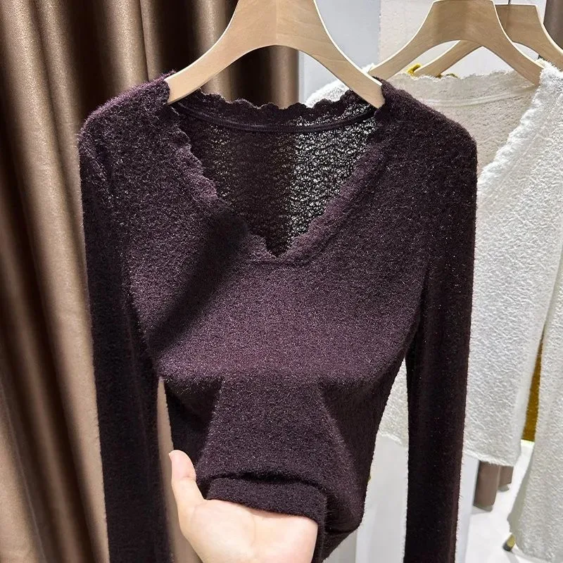 

Pure Desire, нижняя рубашка с v-образным вырезом, женская осень-зима 2025, новый свитер с кружевной начесом, футболка с длинными рукавами, топ