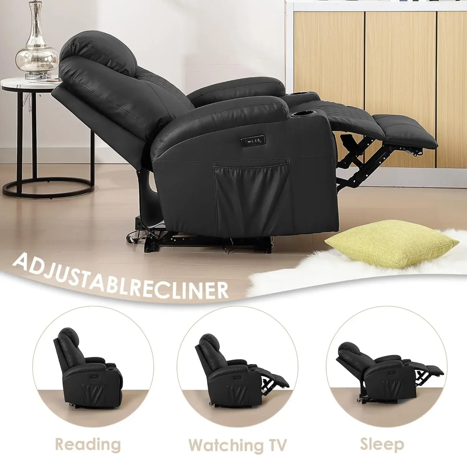 Power Recliner Chair, Home Theater Seating with LED Ambient Lighting, PU Leather Lazy Sofa Heat Massage Chair