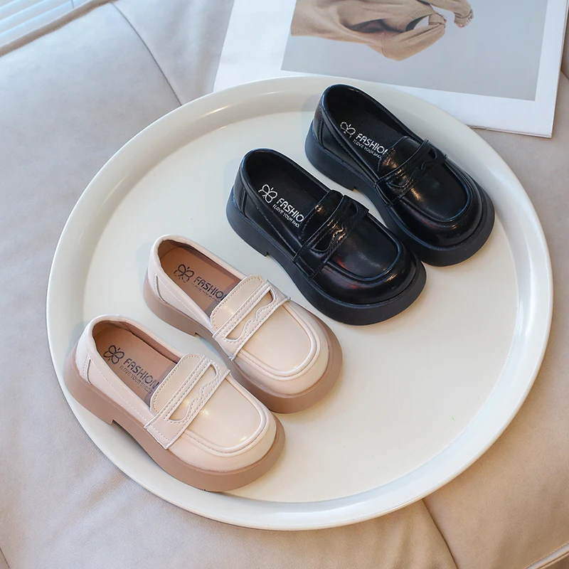 Autumn Children Loafers Black Beige Thick Sole Preppy Style Kids Leather Shoes Non‑Slip Slip-on Leisure Boys Girls School Shoe