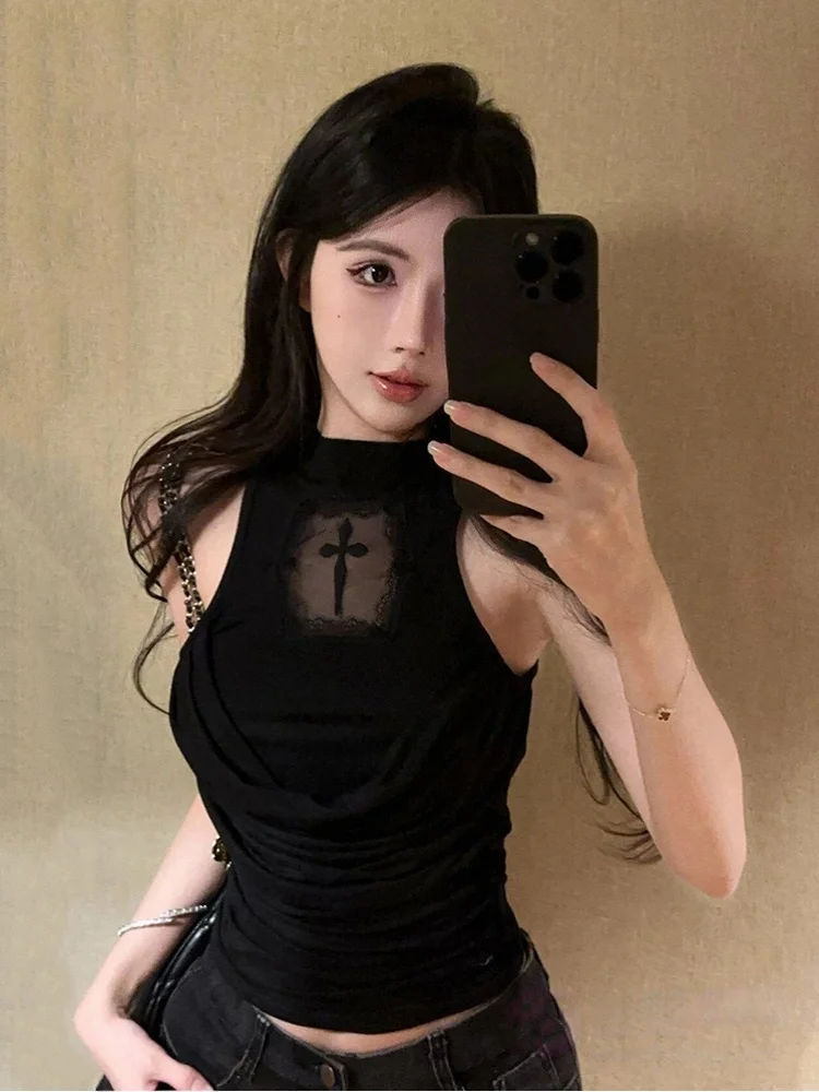 ReddaChic Goth Black Shirred Cropped Top Women Grunge Cross Built-in Bra Pullover Hollow-out Slim Tank Top Punk Summer Clothes
